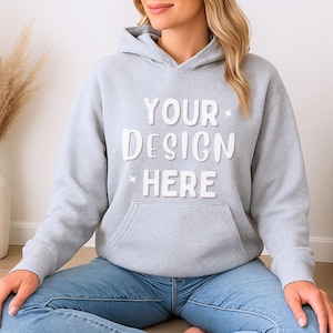Gildan 18500 Sport Grey Hoodie Mockup | G185 Grey Hooded Sweatshirt Mock-up | G18500 Woman Model Photo | Lifestyle Trendy POD Sweater Mock