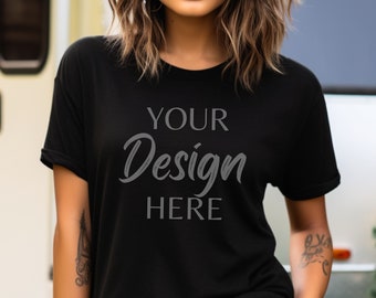 Bella Canvas 3001 Black Mockup, Bella Canvas Mockup, Black T-Shirt Mockup, Female Model Mockup, Woman 3001 T-shirt Mockup, Lifestyle Mockup