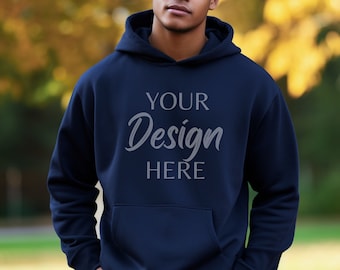 Gildan 18500 Marine Mockup, Mannelijke Gildan Hoodie Mockup, Hoody Heren Model Mockup, Blauwe Mannelijke Hoodie, G18500 Marine Mockup Man