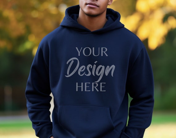 Gildan 18500 Navy Mockup, Male Gildan Hoodie Mockup, Hooded Sweatshirt Mens Model Mockup, Blue Male Hoodie, G18500 Navy Mockup Man