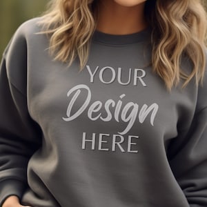 Gildan 18000 Charcoal Mockup, Gildan Sweater Mockup,  Sweatshirt Woman Model Mockup, Lifestyle Mocks 18000, Fall Sweatshirt Mockup 18000