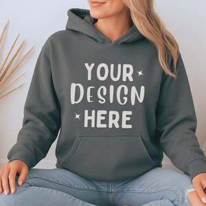 Gildan 18500 Charcoal Hoodie Mockup | G185 Grey Hooded Sweatshirt Mock-up | G18500 Woman Model Photo | Lifestyle Trendy POD Sweater Mock