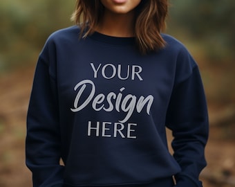 Gildan 18000 Mockup, Fall Gildan Navy Sweatshirt Mockup, Autumn Sweatshirt Model Mockup, Navy Gildan Crewneck Mockups, Heavy Blend Sweater