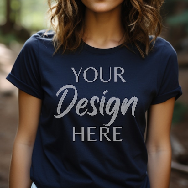 Navy Bella Canvas 3001 Mockup, Nature Bella Canvas Mockup, Navy Forest T-Shirt Mockup, Female Model Mockup, Wild Mockup 3001 Navy