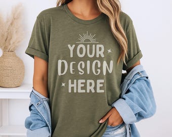 Bella Canvas 3001 ヘザーオリーブ モックアップ | B+C 3001 グリーン Tシャツ モックアップ | シャツモデル BC モックアップ | ライフスタイル Tシャツ POD 3001 | デジタルダウンロード