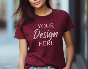 Gildan 5000 Mockup, Maroon Tshirt Mockup 5000, Model Mockup Gildan Shirt, Maroon Unisex Tee Mock Gildan, Outdoor Gildan 5000
