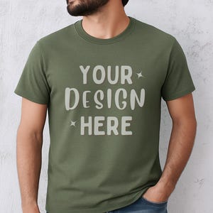 Bella Canvas 3001 Military Green Mockup | BC 3001 Green T-Shirt Man Mock | Shirt Male Model Mocks | Lifestyle Men Trendy Tee POD 3001