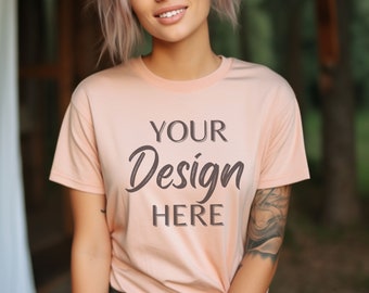 Heather Peach Bella Canvas 3001 Mockup, Lifestyle Bella Canvas Mockup, Heather Peach T-Shirt Mockup, vrouwelijk model Mock, Peach Model Mockup