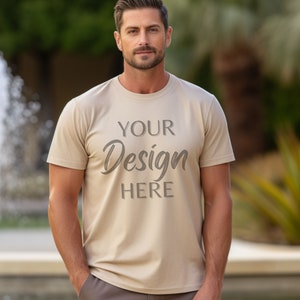 Gildan 5000 Mens Mockup, Sand Tshirt Mockup 5000, Male Model Mockup Gildan Shirt, Sand Unisex Tee Mock Gildan, Beige Outdoor Gildan 5000