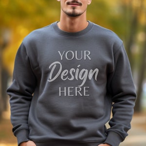 Gildan 18000 Dark Heather Mockup, Autumn Male Gildan Sweater Mockup,  Fall Dark Heather Sweatshirt, Grey Mens Model Mockup, Man Mockup Gray