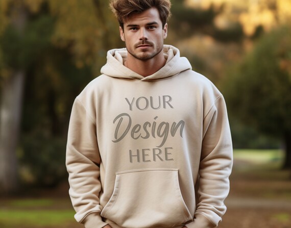 Gildan 18500 Sand Mockup, Male Gildan Hoodie Mockup, Hooded Sweatshirt Mens Model Mockup, Beige Male Hoodie, G18500 Sand Mockup Man