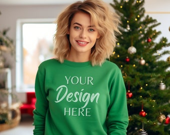 Gildan 18000 Mockup, Irish Green Sweatshirt Christmas Mockup, Christmas Model Mockups 18000, Irish Green Gildan Crewneck Mocks, Sweater Xmas