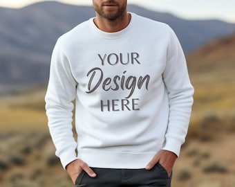 Gildan 18000 White Mockup, Male Gildan Sweater Mockup,  Sweatshirt Mens Model Mockup, Unisex Heavy Blend Sweatshirt, Gildan 18000 Man White