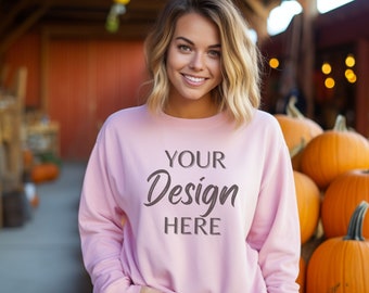 Gildan 18000 Mockup, Gildan Light Pink Sweatshirt Mockup, Halloween Sweatshirt Model Mockup, Fall Light Pink Gildan Crewneck Mockups