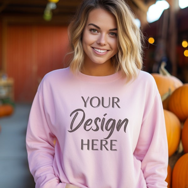 Gildan 18000 Mockup, Gildan Light Pink Sweatshirt Mockup, Halloween Sweatshirt Model Mockup, Fall Light Pink Gildan Crewneck Mockups