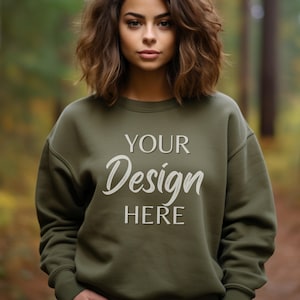 Gildan 18000 Mockup, Gildan Military Green Sweatshirt Mockup, Fall Sweatshirt Model Mockup, Autumn Military Green Gildan Crewneck Mockups