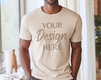 Gildan 64000 Male Mockup, Sand Tshirt Mockup 64000, Mens Model Mock Gildan Shirt, Sand Softstyle Tee Mock, Lifestyle Gildan 64000