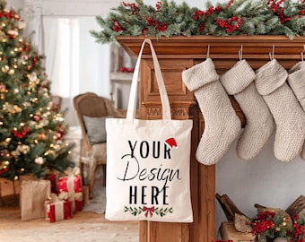 Tote Bag Mockup, Natural Tote Bag Christmas Mock, Sublimation Tote Bag Mock, Pod Mockup, Canvas Port Authority B150, Xmas Tote Bag Mock-up