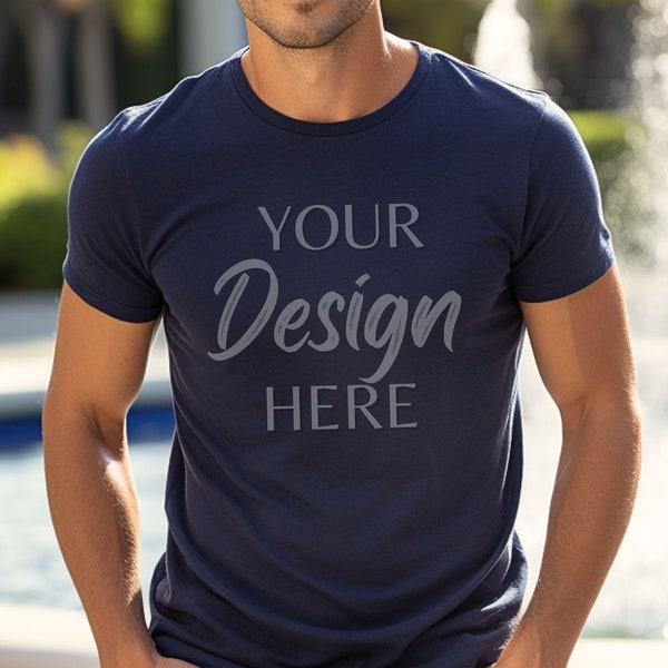 Heather Navy Bella Canvas 3001 Mockup, Navy T-Shirt Mockup, Male Model Mockup, 3001 Man T-shirt Mockup, Lifestyle Heather Navy Mockup