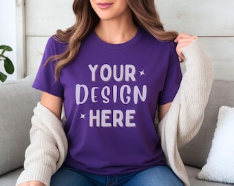 Bella Canvas 3001 Team Purple Mockup | BC 3001 Purple T-Shirt Mock | Shirt Model Mocks | Lifestyle Tee POD 3001 | Instant Digital Download