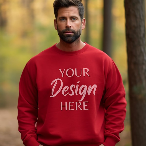 Gildan 18000 Red Mockup, Autumn Male Gildan Sweater Mockup,  Fall Sweatshirt Mens Model Mockup, Unisex Sweatshirt, Red Gildan 18000 Man