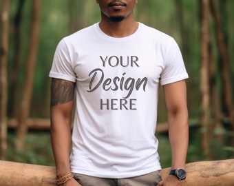 White Bella Canvas 3001 Mockup, T-Shirt Mockup, Male Model Mockup, 3001 Man Shirt Mockup, Nature Mockup in the Woods, White Tee Mock Outdoor