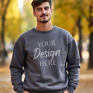 Gildan 18000 Dark Heather Mockup, Autumn Male Gildan Sweater Mockup,  Fall Dark Heather Sweatshirt, Grey Mens Model Mockup, Man Mockup Gray