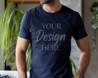 Gildan 64000 Male Mockup, Navy Tshirt Mockup 64000, Mens Model Mock Gildan Shirt, Blue Softstyle Tee Mock, Lifestyle Gildan 64000