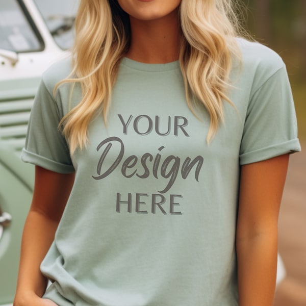 Heather Dusty Blue Bella Canvas 3001 Mockup, Bella Canvas T-Shirt Mockup, Dusty Blue Female Model Mockup, Boho Woman 3001 T-shirt Mockup