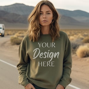Gildan 18000 Mockup, Gildan Military Green Sweatshirt Mockup, Sweatshirt Model Mockup, Military Green Gildan Crewneck Mockups