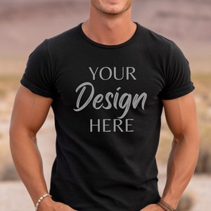 Black Bella Canvas 3001 Mockup, Summer T-Shirt Mockup, Desert Model Mockup, 3001 Man T-shirt Mockup, Lifestyle Mockup, Fit Male Mockup