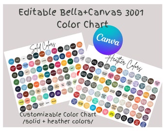 Bella Canvas 3001 カラーチャート | 編集可能なカラーとサイズチャート | 無地とヘザーの T シャツのカラーチャート | 編集可能な B+C 3001 Canva テンプレート