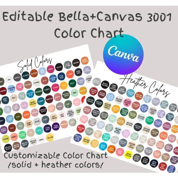 Bella Canvas 3001 Color Chart | Editable Color and Size Chart | Solid and Heather Tee Color Chart | Editable B+C 3001 Canva Template