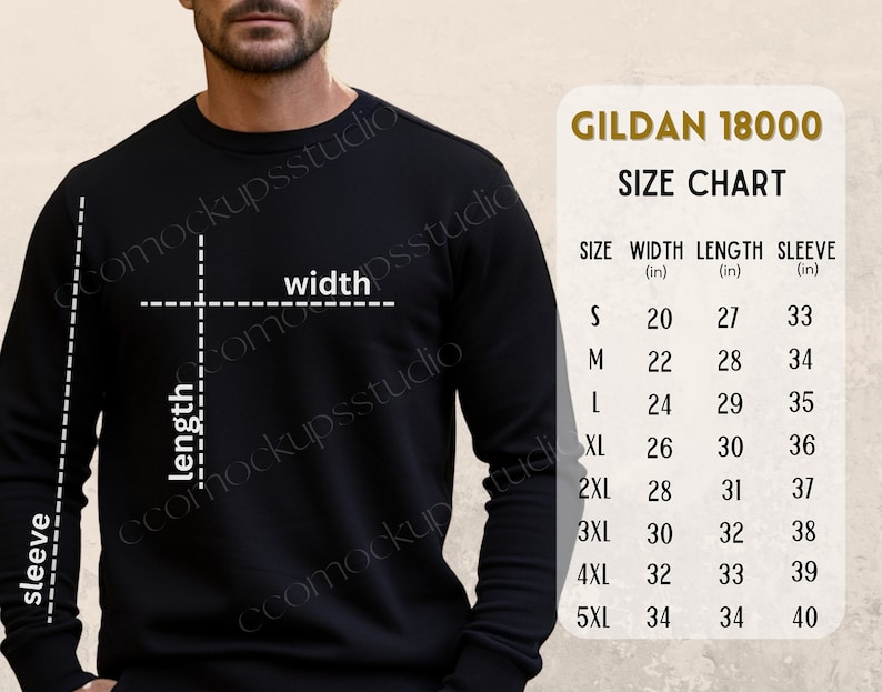 May include: A size chart for Gildan 18000 shirts, showing the width, length, and sleeve length in inches for sizes S through 5XL.