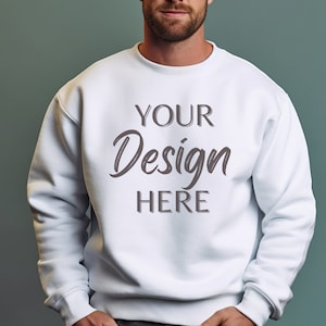 Gildan 18000 White Mockup, Male Gildan Sweater Mockup,  Sweatshirt Mens Model Mockup, Unisex Heavy Blend Sweatshirt, Gildan 18000 Man White