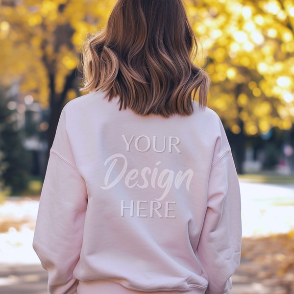 Gildan 18000 Back Mockup, Gildan Light Pink Sweatshirt Mock, Backside Pink Sweatshirt Model Mockup, Light Pink Gildan 18000 Crewneck