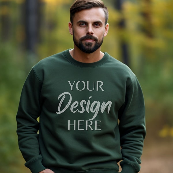 Gildan 18000 Forest Green Mockup, Male Gildan Sweater Mockup,  Fall Sweatshirt Mens Model Mockup, Autumn Forest Green Male Sweatshirt