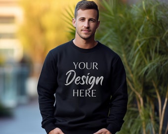 Gildan 18000 Black Mockup, Male Gildan Sweater Mockup,  Fall Sweatshirt Mens Model Mockup, Unisex Heavy Blend Sweatshirt, Gildan 18000 Man