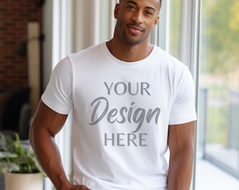 White Bella Canvas 3001 Mockup, T-Shirt Mockup, Male Model Mockup, 3001 Man T-shirt Mockup, Lifestyle Mockup, White Tee Mockup Indoor