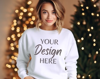 Gildan 18000 Mockup, White Sweatshirt Christmas Mockup, Christmas Model Mockups 18000, White Gildan Crewneck Mocks, Heavy Blend Sweater Xmas
