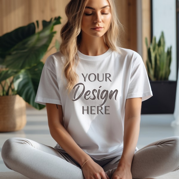 White Bella Canvas 3001 Mockup, Womens Meditation Mockup, White T-Shirt Mockup, Female Model Mockup, Woman 3001 T-shirt Mockup, Yoga Mockup