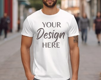 White Bella Canvas 3001 Mockup, T-Shirt Mockup, Male Model Mockup, 3001 Man T-shirt Mockup, Lifestyle Mockup, White Tee Mockup Outdoor