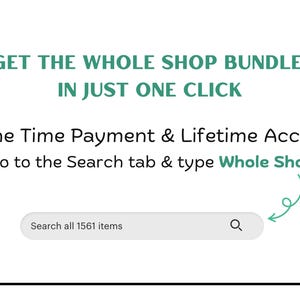 K&ouml;nnte beinhalten: Wei&szlig;er Hintergrund mit Text in Gr&uuml;n und Schwarz. Der Text lautet: "HOLEN SIE SICH DAS GESAMTE SHOP-BUNDLE MIT NUR EINEM KLICK. Einmalige Zahlung und lebenslanger Zugriff. Gehen Sie zur Registerkarte Suchen und geben Sie Whole Shop ein." Unten befindet sich eine Suchleiste.