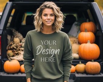 Gildan 18000 Military Green Mockup, Female Gildan Sweater Mockup,  Sweatshirt Woman Model Mockup, Halloween Mocks 18000,Fall Sweatshirt Mock