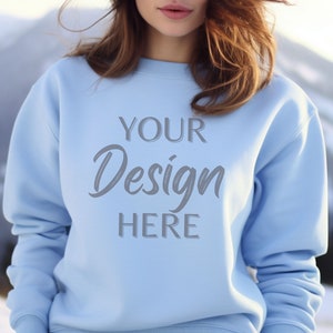 Gildan 18000 Mockup, Gildan Light Blue Sweatshirt Mockup, Sweatshirt Model Mockup, Light Blue Gildan Crewneck Mockups, Winter Mockup