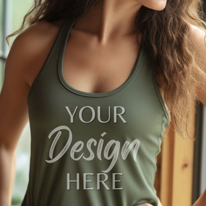 Next Level 1533 Military Green Mockup, Next Level Tank Top Mockup, Women&#39;s Racerback Tank Mock, Female Model Mockup, Lifestyle Mocks 1533
