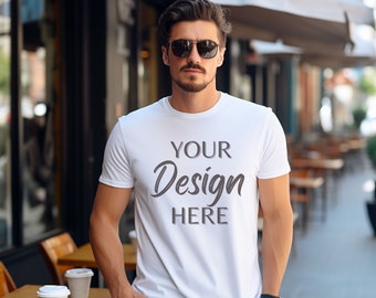 Gildan 5000 Mens Mockup, White Tshirt Mockup 5000, Male Model Mockup Gildan Shirt, White Unisex Tee Mock Gildan, White Outdoor Gildan 5000