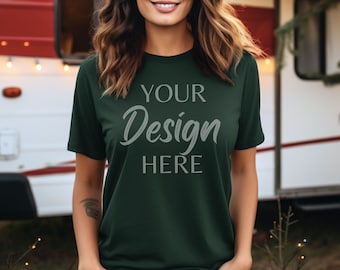 Maquette Forest Bella Canvas 3001, maquette Bella Canvas, maquette de t-shirt Forest, maquette de modèle féminin, maquette de t-shirt femme 3001, maquette de style de vie