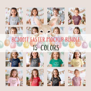 Op de afbeelding: Een mockup-bundel met 15 kleuren kindershirts. Elk shirt toont de tekst "YOUR Design HERE". De afbeelding bevat een konijn en paaseieren, met de tekst "BC3001T EASTER MOCKUP BUNDLE" en "15 COLORS".