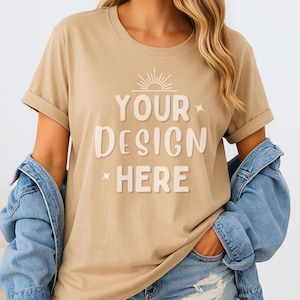 Bella Canvas 3001 Old Gold Mockup | BC 3001 Beige T-Shirt Mock | Shirt Model Mocks | Lifestyle Tee POD 3001 | Instant Digital Download